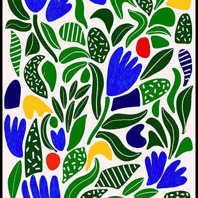 Padrão abstrato colorido com flores e folhas em azul, verde, amarelo, vermelho e azul escuro
