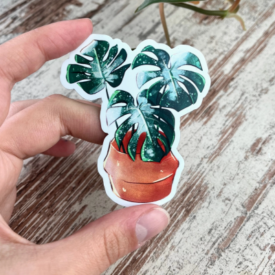 Adesivo de vinil com desenho de planta Monstera em vaso castanho