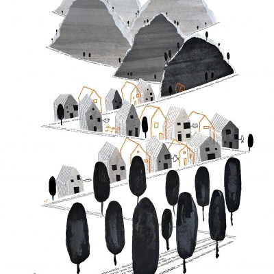 Ilustração artística de vilarejo com casas, árvores e montanhas em tons de cinzento e preto