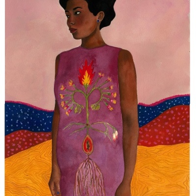 Mulher com vestido rosa bordado em pintura artística colorida