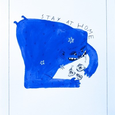 Desenho artístico de uma criatura azul com texto STAY AT HOME