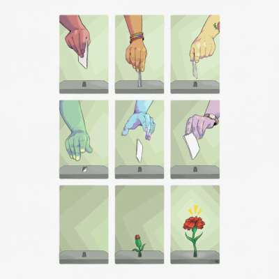 Mãos a depositar cartões em ranhura com planta que cresce e floresce.