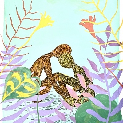 Pintura abstrata de duas figuras humanas castanhas entre plantas coloridas em fundo azul claro