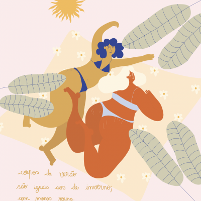 Ilustração de duas pessoas em roupa de banho com folhas e sol, texto em português