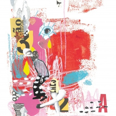 Ilustração abstrata colorida com colagens e recortes de texto