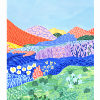 Ilustração colorida de paisagem com colinas e flores sob céu azul