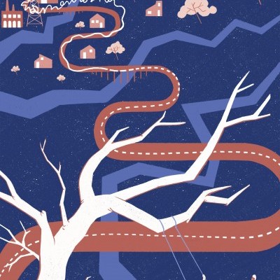 Ilustração colorida de árvore branca com pessoa em baloiço e estrada sinuosa com casas e fábricas ao fundo