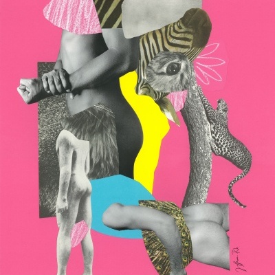 Colagem artística de corpos humanos e animais com padrões coloridos sobre fundo cor-de-rosa