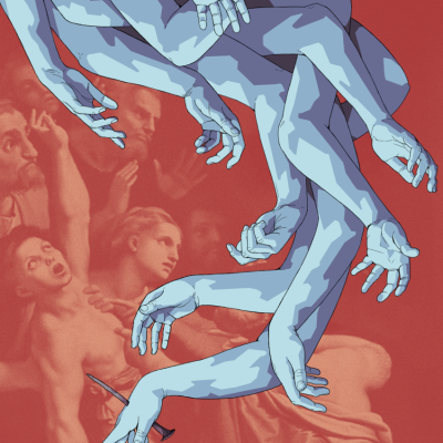 Ilustração de braços azuis entrelaçados sobre fundo vermelho com figura humana em sépia