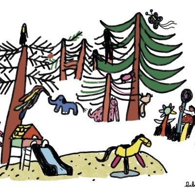 Desenho de parque infantil com escorrega, balanço cavalo, árvores e animais coloridos.