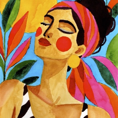 Pintura moderna de mulher com lenço colorido na cabeça e folhas ao fundo.