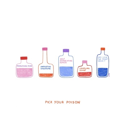 Cinco frascos coloridos desenhados com diferentes rótulos e texto 'PICK YOUR POISON'