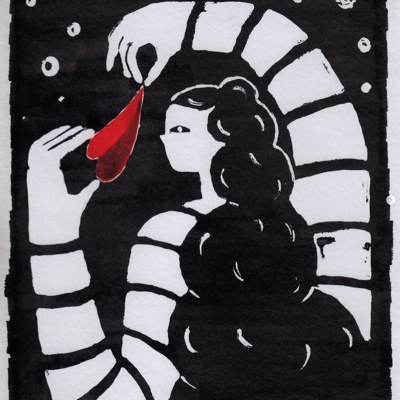 Ilustração abstrata feminina a segurar folha vermelha em fundo preto com listras brancas