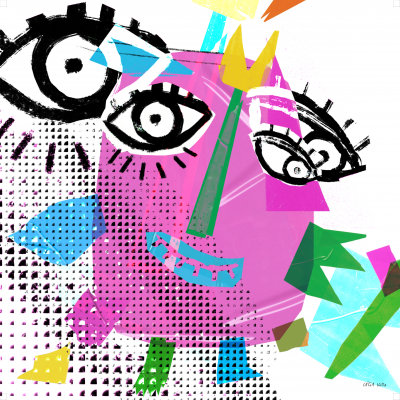 Arte abstrata colorida com olhos grandes e formas geométricas