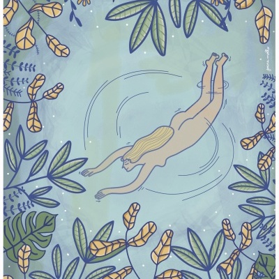 Ilustração de mulher a nadar rodeada por folhas coloridas