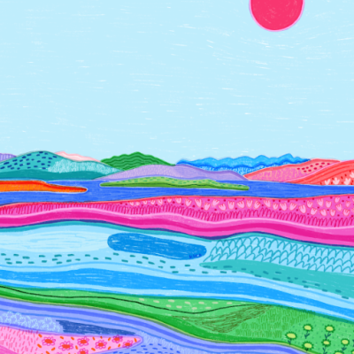 Paisagem ilustrada com colinas coloridas e sol vermelho no céu azul