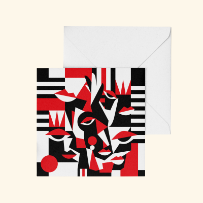 Cartão com padrão geométrico abstrato e rosto estilizado em preto, branco e vermelho com envelope branco