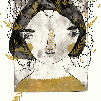 Ilustração artística de um rosto feminino com folhas decorativas em preto e dourado