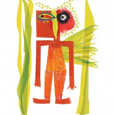 Ilustração abstrata de uma figura humana colorida com asa e elementos semelhantes a folhas