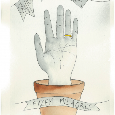 Desenho de uma mão cinzenta com anel dentro de um vaso de barro com texto em fitas de papel