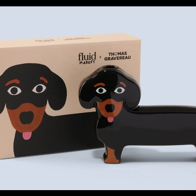 Figura decorativa de cão com caixa ilustrada
