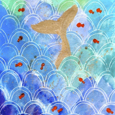 Ilustração artística de padrão de ondas azuis e verdes com cauda dourada de baleia e peixes laranja