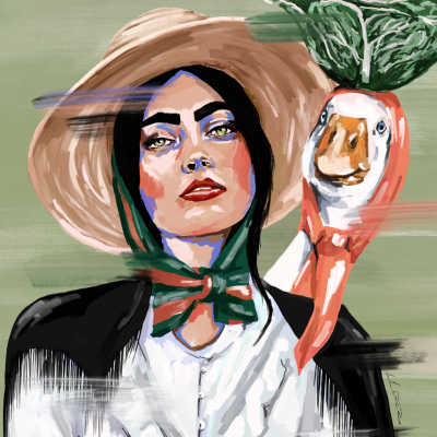 Ilustração artística de mulher com chapéu e cenoura com rosto