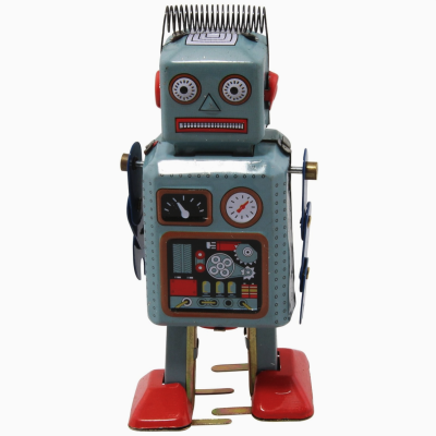 Robô de brinquedo vintage em metal cinzento com pés vermelhos e mostradores no peito