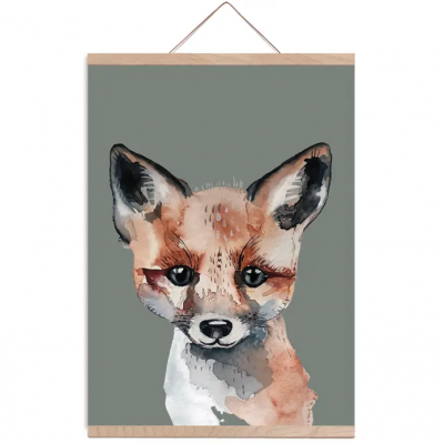 Quadro decorativo raposa aquarela moldura madeira cinzento