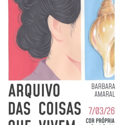 Ilustração com rosto feminino, concha e texto em português sobre evento artístico.