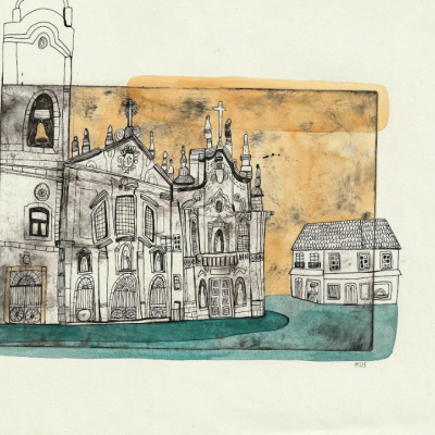 Desenho em papel de igreja e casa com manchas coloridas de azul e laranja