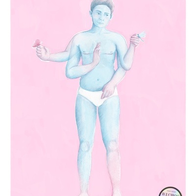 Ilustração de homem azul claro com quatro braços em fundo rosa.