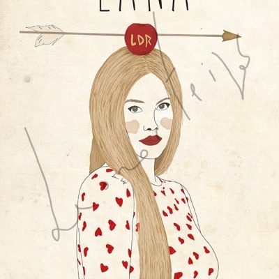 Ilustração de mulher com blusa de corações e texto Lana
