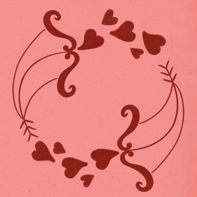 Desenho de moldura circular com corações e linhas vermelhas sobre fundo cor-de-rosa.