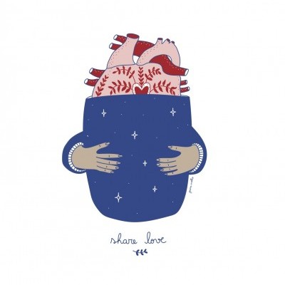 Ilustração de coração anatómico dentro de recipiente azul com mãos e frase 'share love'.