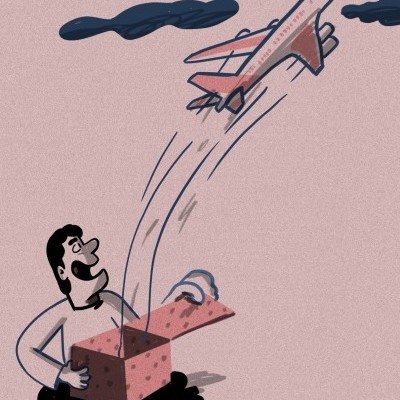 Desenho de homem com caixa de onde sai avião cor-de-rosa voando