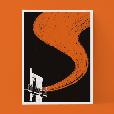 Poster decorativo com ilustração de edifício branco e forma curva laranja sobre fundo preto