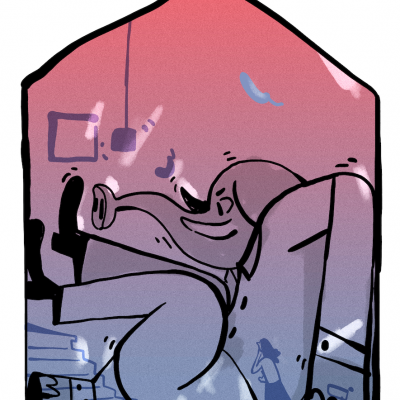 Ilustração digital de figura abstrata numa cadeira dentro de casa com fundo rosa e azul