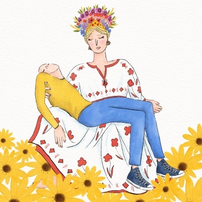 Mulher com vestido branco e coroa floral segurando criança entre flores amarelas