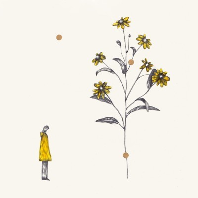 Ilustração de figura humana e planta com flores amarelas sobre fundo branco