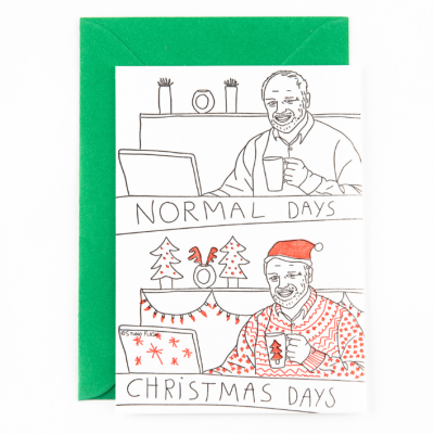 Cartão ilustrado a preto e vermelho com cenas de homem a beber chá, temática de Natal e dia normal, envelope verde