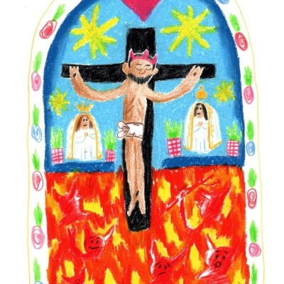 Ilustração religiosa com figura crucificada, duas figuras femininas, fogo e demónios em fundo colorido