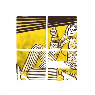 quatro azulejos decorativos amarelos com figura humana estilizada