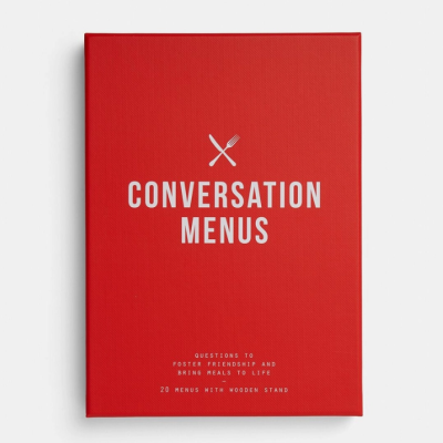 Caixa vermelha com texto branco Conversation Menus e ícone de garfo e faca.