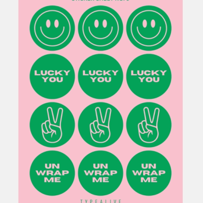 Folha de autocolantes verdes com texto e símbolos em fundo rosa