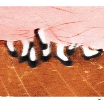 Imagem abstrata em rosa e castanho com linhas pretas e brancas e assinatura no canto.