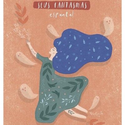 Ilustração colorida de mulher dançando entre fantasmas com texto inspirador