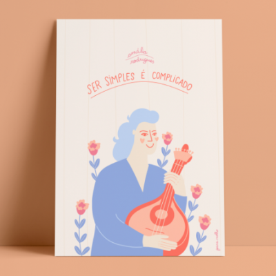 Póster com ilustração colorida de pessoa com guitarra e flores, texto em português