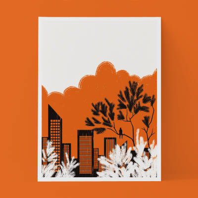 Cartaz com ilustração urbana em tons laranja, preto e branco