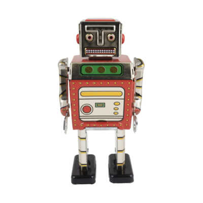 Boneco robô vintage metálico colorido num fundo branco